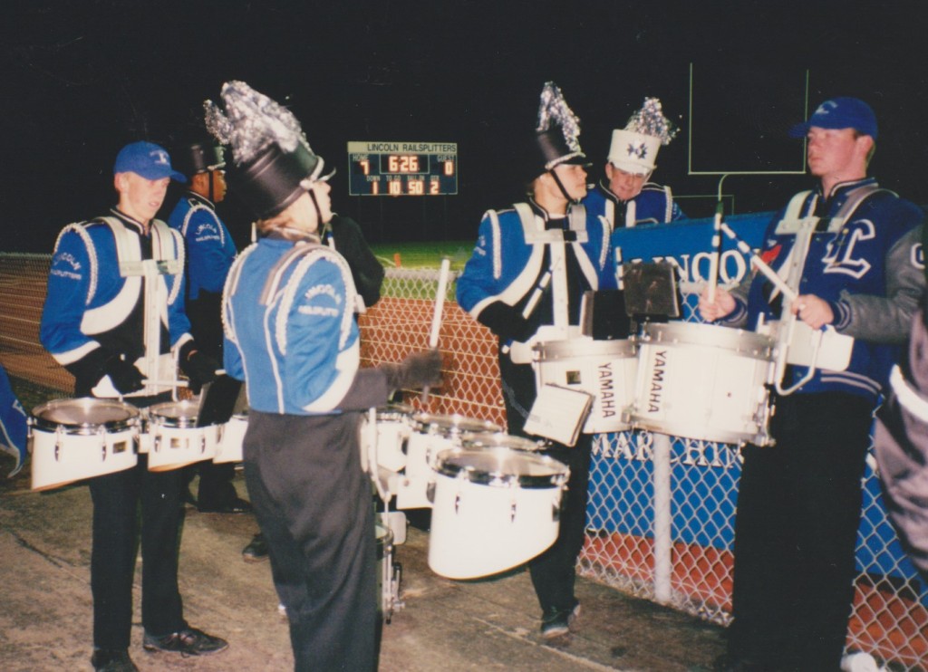 Drumline! My senior year at a football game. See that lady quad player??? The coolest... be impressed by her. Very, very impressed.