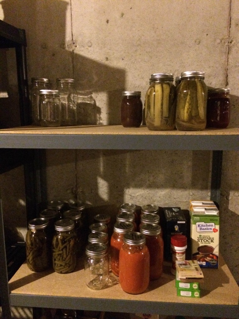 Canning-- a good place to yo-yo. From left to right, top then bottom, apple butter, dill pickles, ketchup, green beans, and tomatoes. 100% of raw material provided by my in-laws!