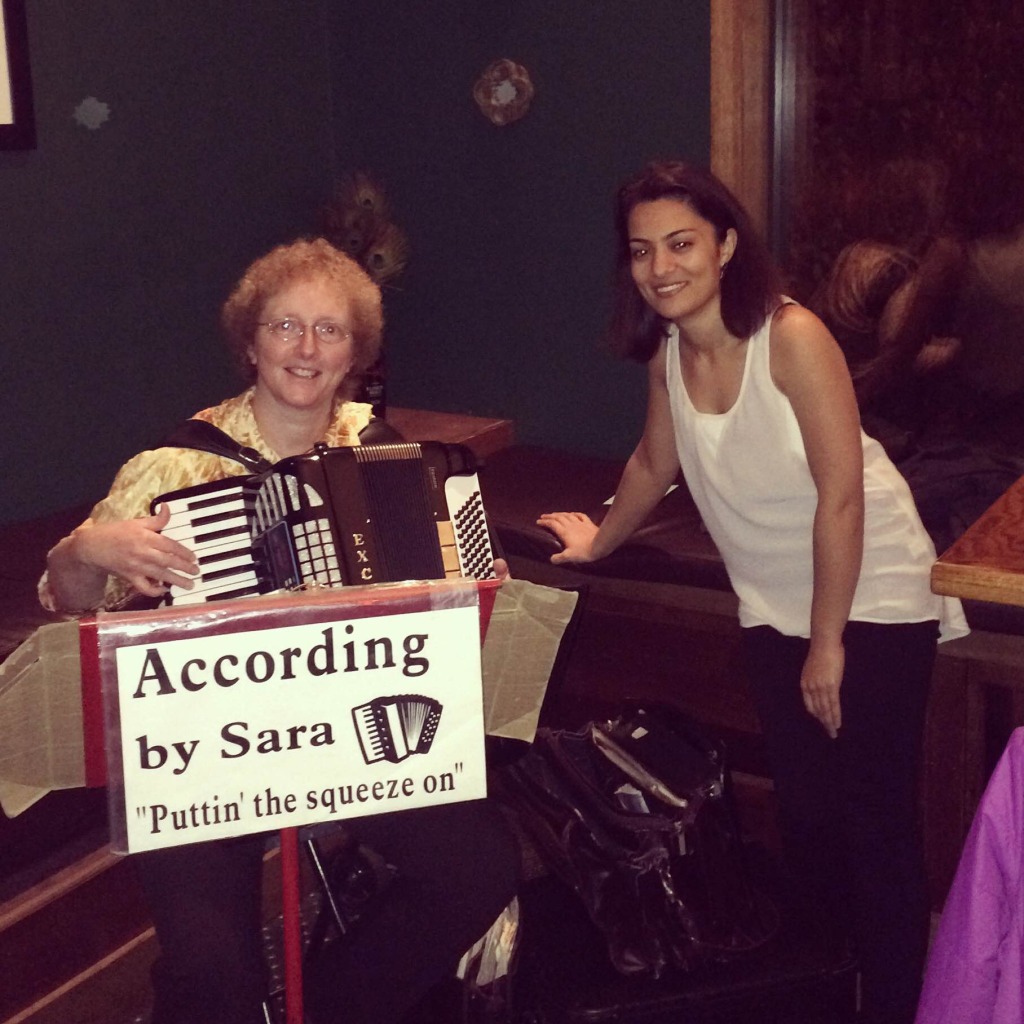 My friend Suma invited us for dinner and a "surprise" on her birthday-- the surprise was literally that she had hired an accordion player. Too cute!